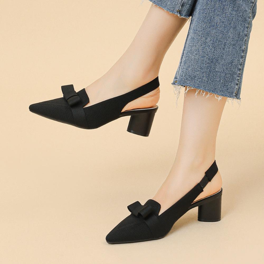 Kadın Sandalet Baotou Sığ Fiyonklu Yüksek Topuklu Düz Renk Yaz Yüksek Topuklu Sandaletler Kadın Kumaş Arka Askılı Kadın Ayakkabıları