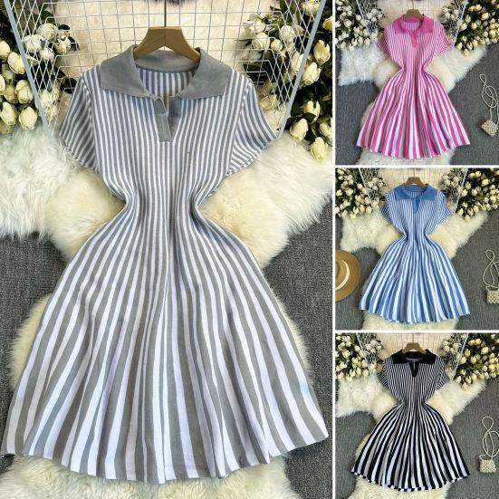 Women's Vertical Striped Summer Dress V Neck Collared Short Sleeve Knitted Dress