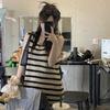 Striped Suspender Vest Dress for Women In Summer Sleeveless Loose Design Hollow High Waist Mid-length Skirt