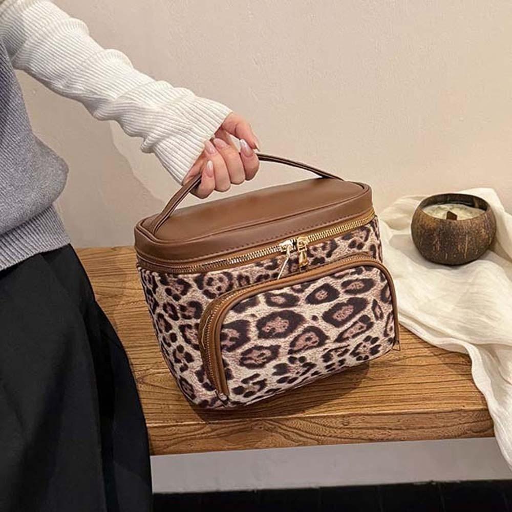 Handbag Leopard Print Cosmetic Bag Large Capacity Leather Pouch for Make Up Kit Anti-splash Water Korean Style