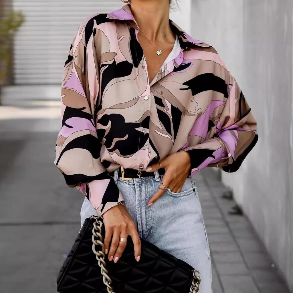 2022 European & American Print Loose Long Sleeve Women's Casual Button Shirt