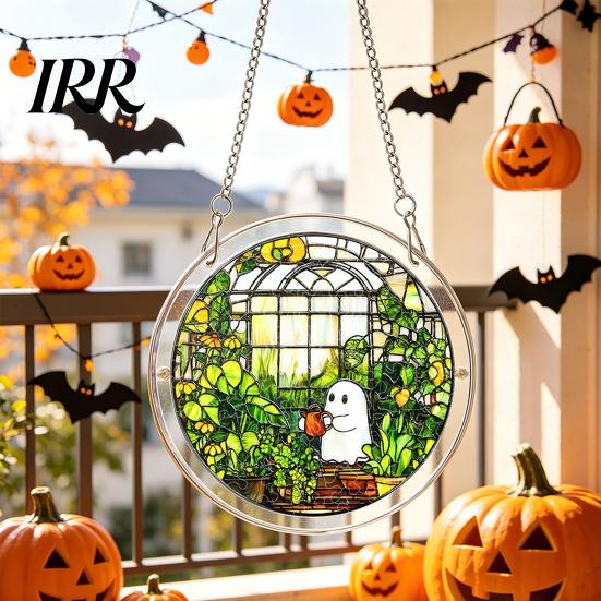 Reusable Halloween Hanging Sign Acrylic Puzzle Decor, 2D Ghost Pumpkin Skeleton Sign, Faux Window Decal Stained Glass Spooky for Party Home