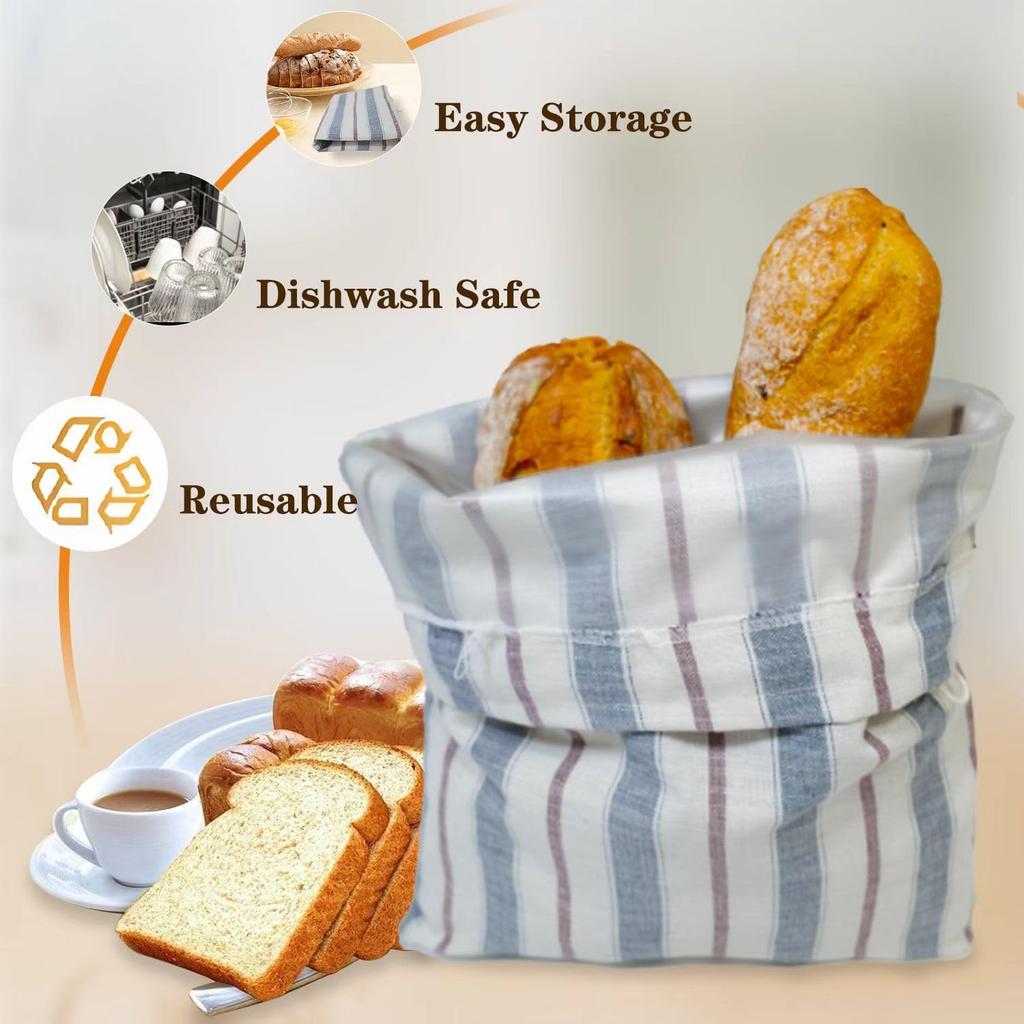 Reble Bread Bags for Homemade Sourdough Bread with Bowl Cover, 12"x18" Large Organic Linen Sourdough Bread Bags, Easy to Clean (Blue-Red stripe)