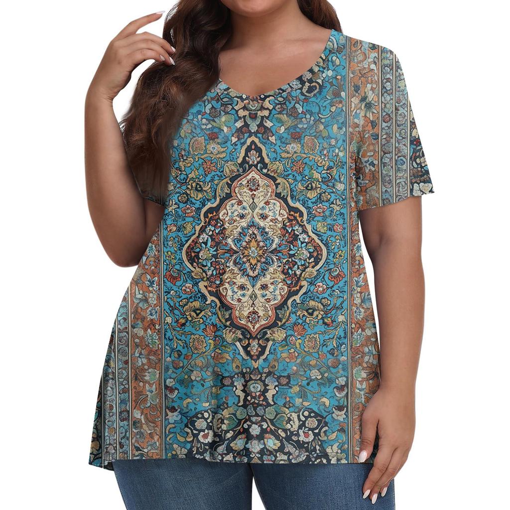 Women's Fashion Casual V-Neck Pullover Short Sleeve Large Size Vintage Printed Top