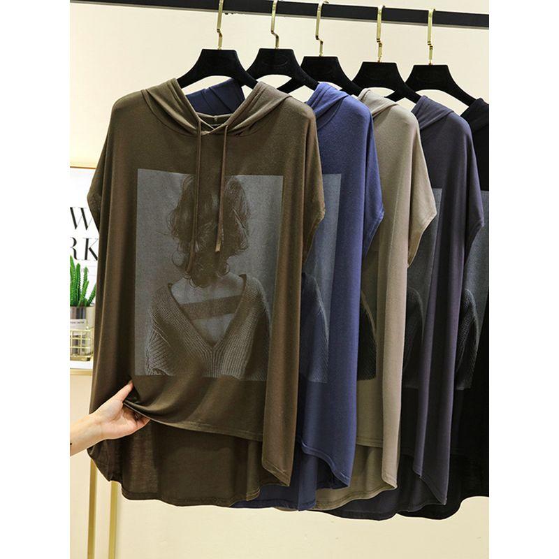 Modal Short Sleeve Hood T-shirt Women Summer Mid-Length Print Base Top Plus Size Slim Thin Fashion Inner Wear