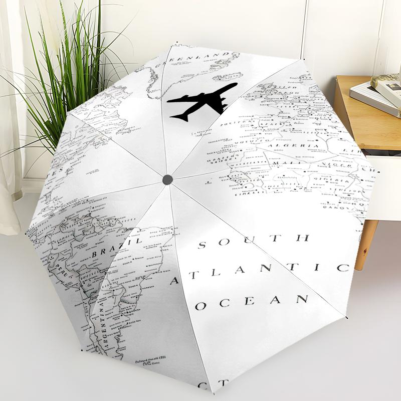1pc Airplane Theme Pattern Umbrella Portable Folding Umbrella Iron Frame Hole Bone Structure Outdoor Home Umbrella