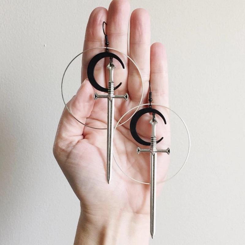 Black Moon Long Sword Silver Earrings - Stylish Pendant Gift