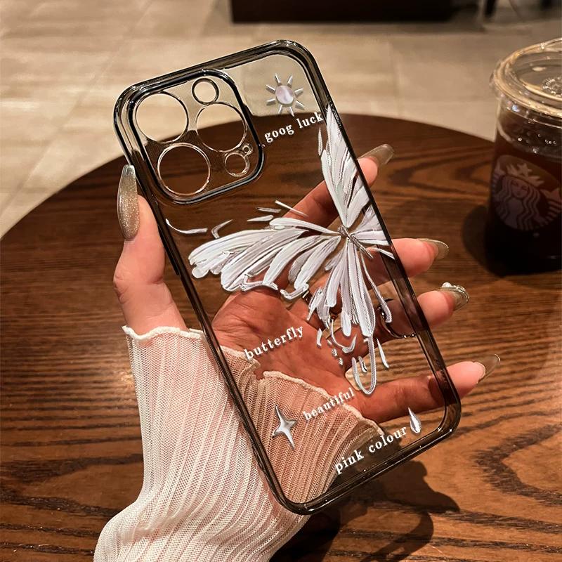 Oil Painting Butterfly Clear TPU Phone Case For IPhone 15 14 13 12 11 Pro Max X XR XS 8 7 Plus, Shockproof Protective Cover