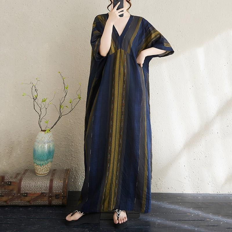 

Хлопковое винтажное полосатое платье большого размера с коротким рукавом, новинка, повседневное свободное длинное летнее платье для женщин