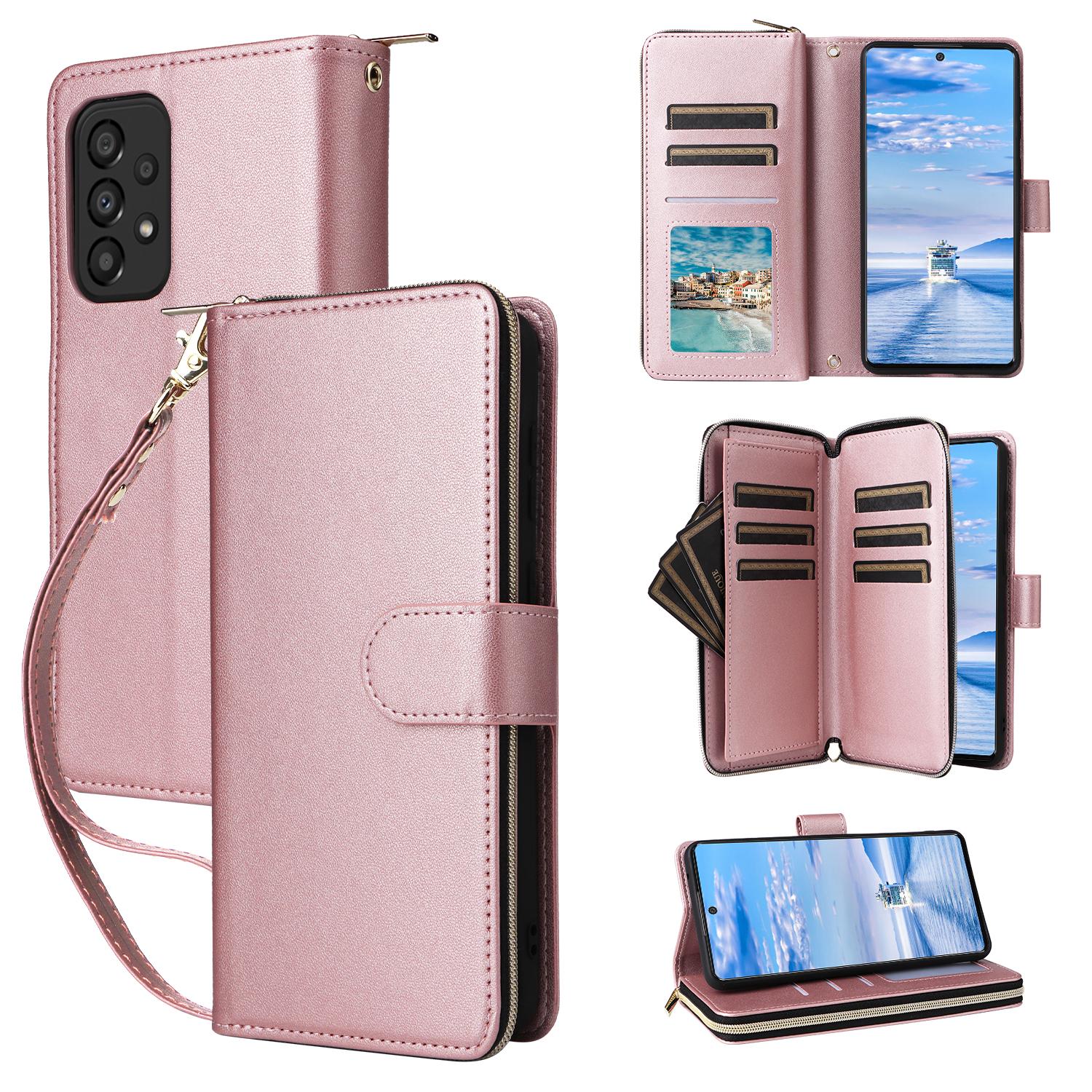

R20 For Samsung Galaxy A33 5G Case Zipper PU Leather Phone Cover with Wrist Strap Rose Gold