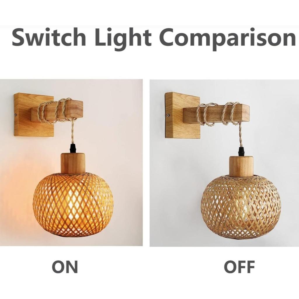 JOYINLED Japanese Boho Chandelier, E27 Bamboo Woven Wall Light for Bedroom Bathroom Living Room Vintage Rattan Plug-in Lamp 20cm