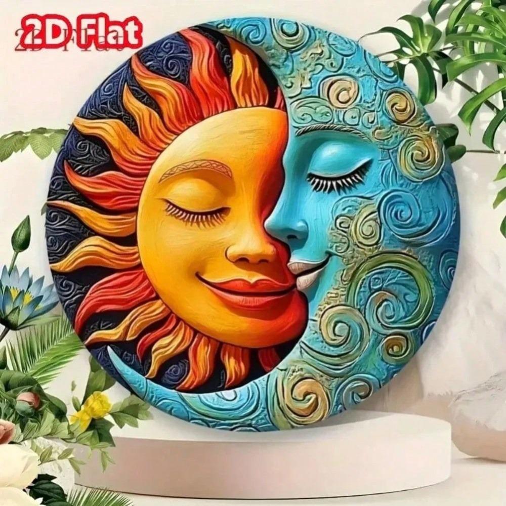 Vintage Metal Tin Sign Sun Moon Wall Art, Circular Face Plaque Creative Home Decor