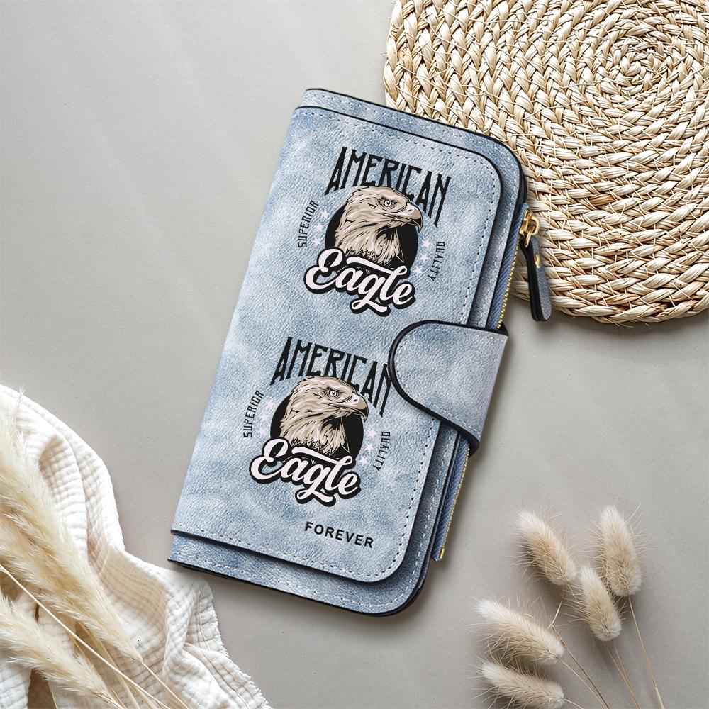 Vintage American Eagle Print Long Wallet Fashion Casual Large Capacity Multi Card Holder Portable PU Leather Daily Use Wallet
