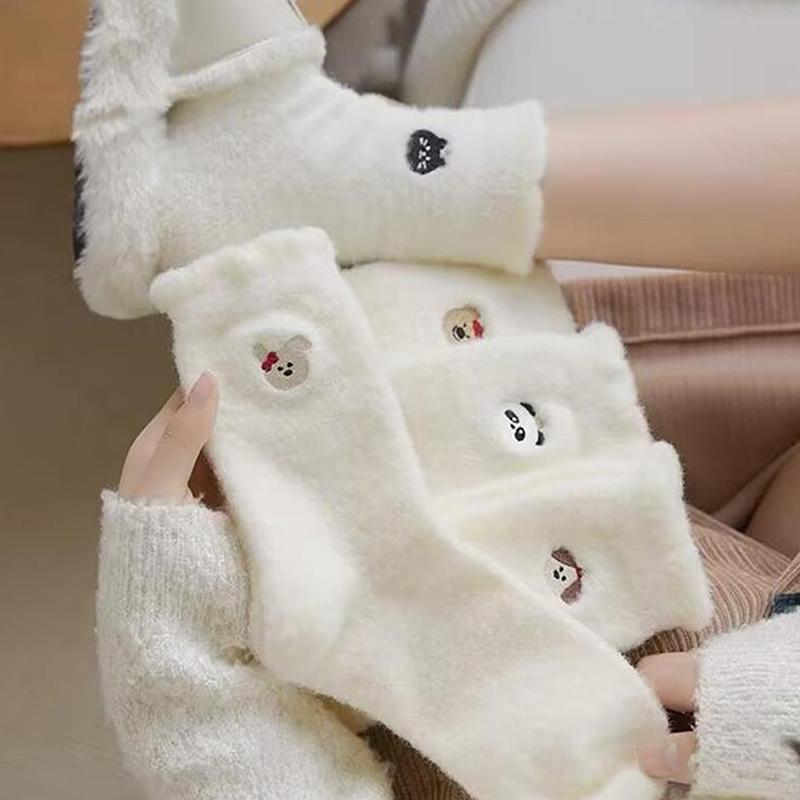 Cute Animal Cartoon Mink Fleece Socks White Middle Socks Thick Warm Home Floor Socks Girly  Versatile Accessory Sock Gift