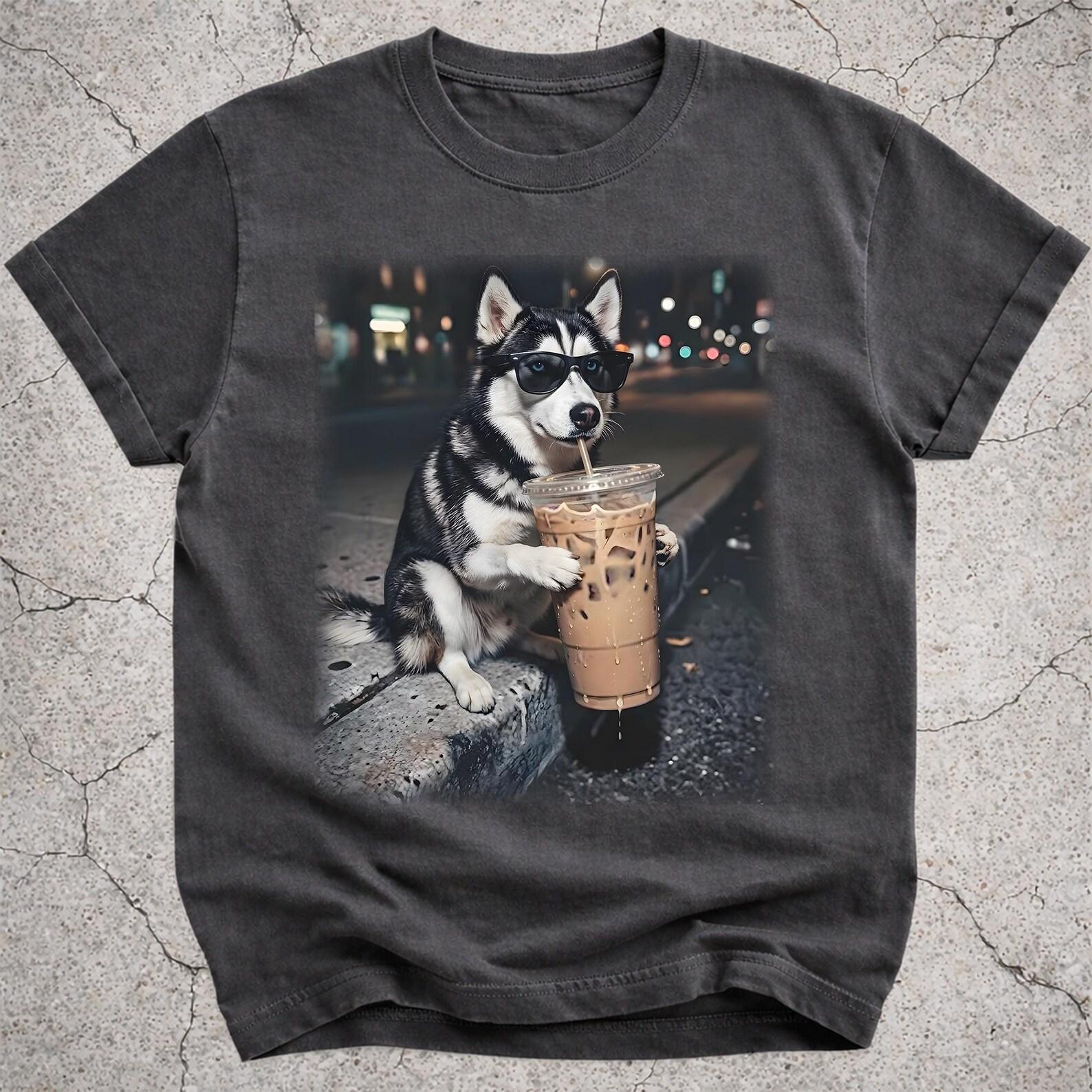 Funny Husky Drinking Iced Coffee Shirt, Siberian Husky Gift, Coffee Lover Dog Mom Tee XL
