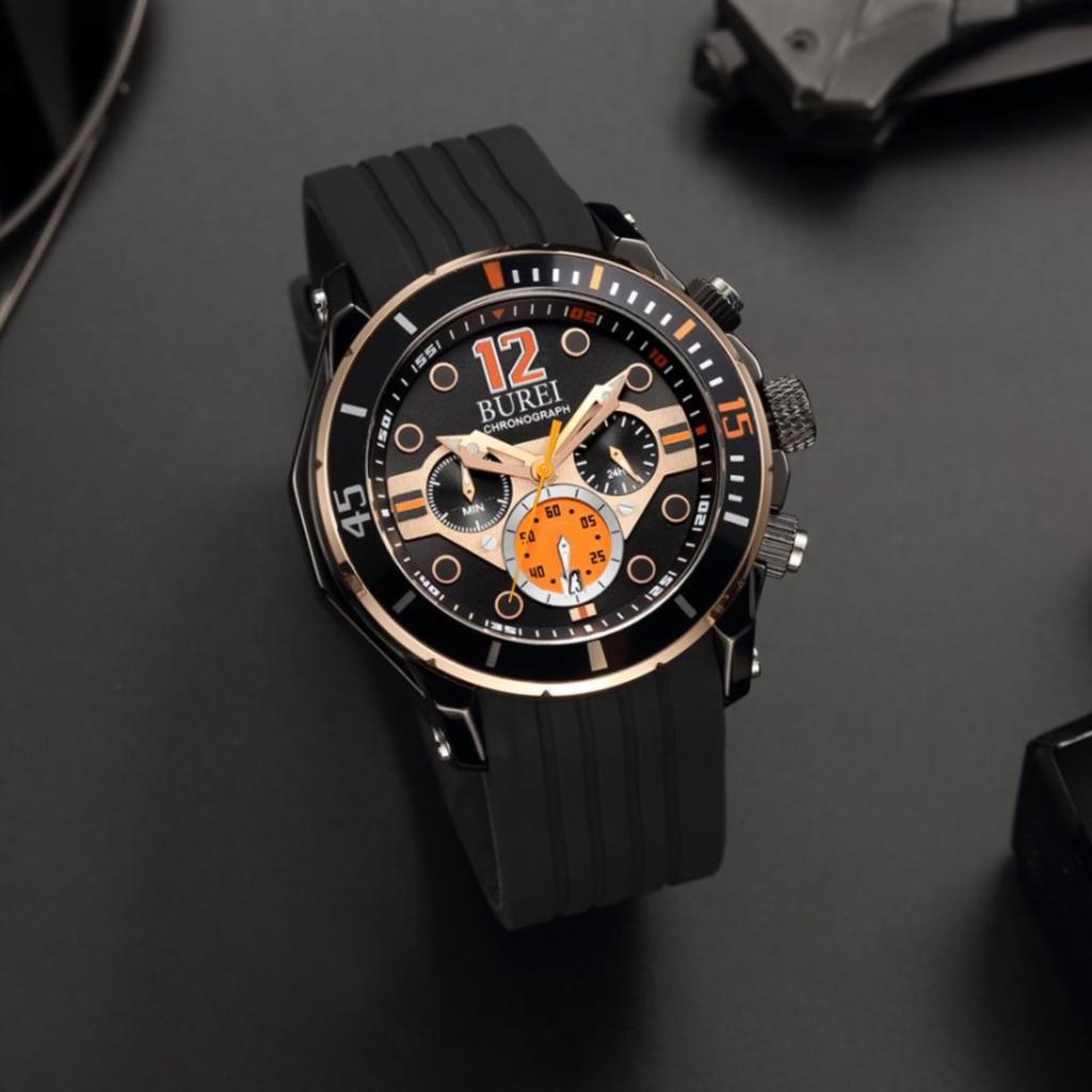 [BUREI] Men's Chronograph Analog Waterproof Quartz Watch with Black Urethane Belt, Date, Gold, Men's Selection, Gift
