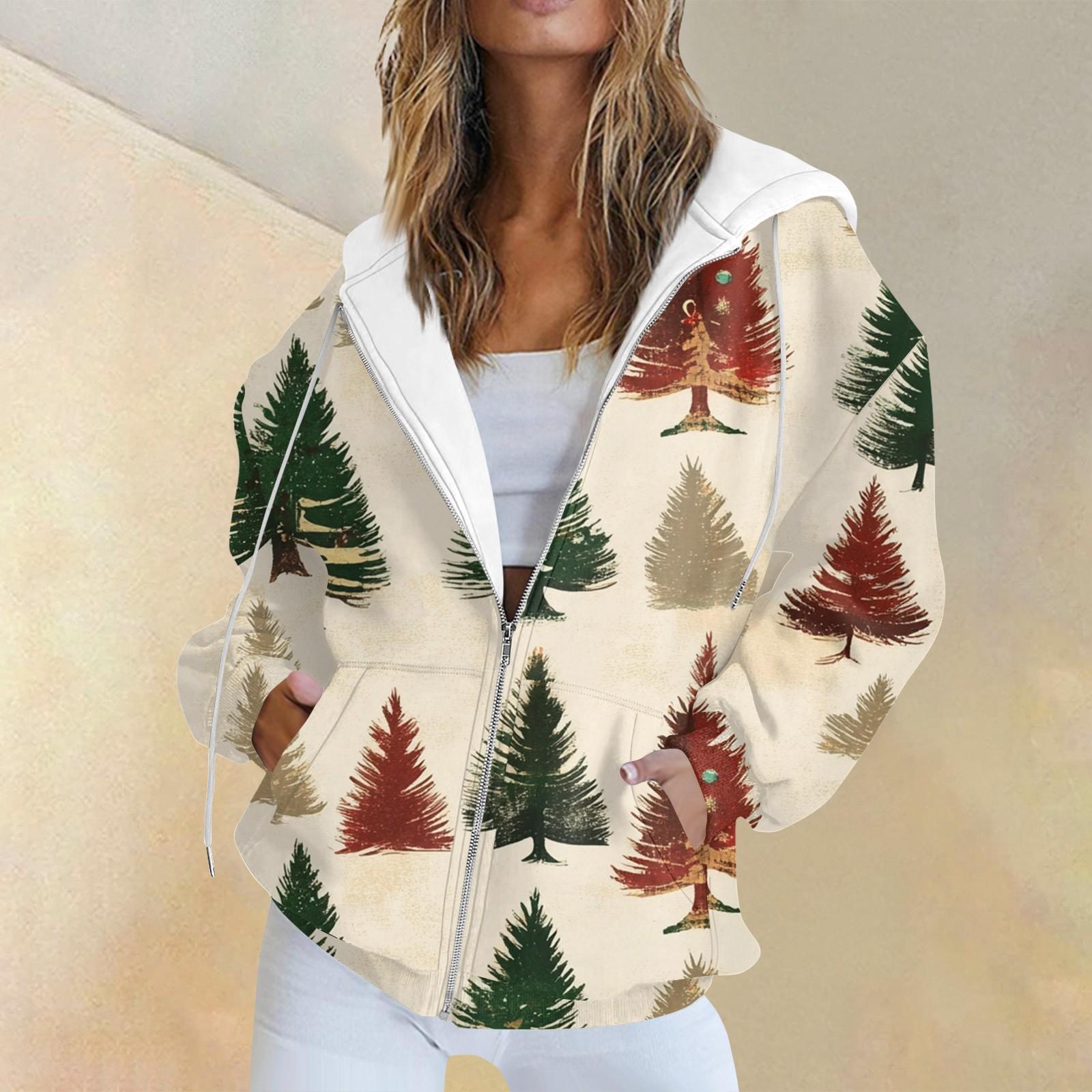

Женская повседневная рождественская печатная толстовка на осень и зиму с длинными рукавами и карманом на молнии с капюшоном XL