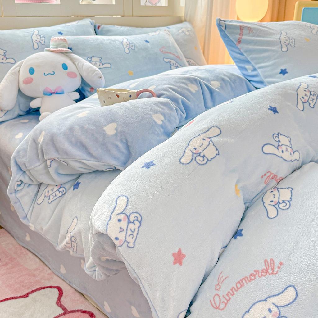 Children'S Thickened Milk Fleece Bed Four-Piece Warm Coral Fleece Fleece Quilt Cover Student Bedding