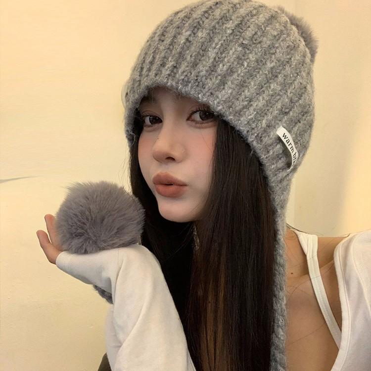 Gray Fur Ball Tassel Beanie Women's New Autumn and Winter Warm and Cold Proof Ear Protection Hat Large Head Circumference Hat Trendy