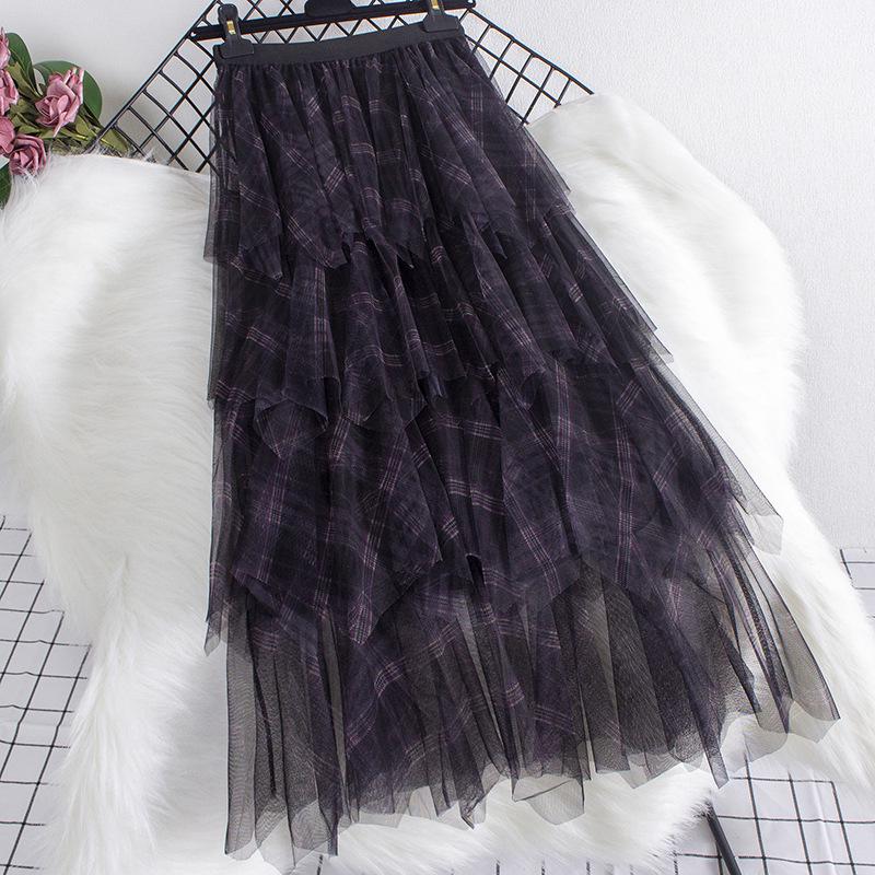 Color-Block Plaid Multi-Layer Mesh Skirt - Women's High-Waisted Midi Skirt for Autumn/Winter