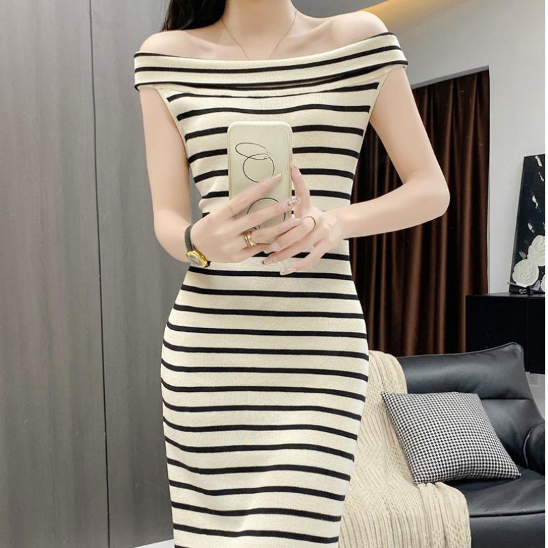 Women's Fashion Summer Spring Stripe Print Sleeveless One Shoulder Slim Casual Dresses