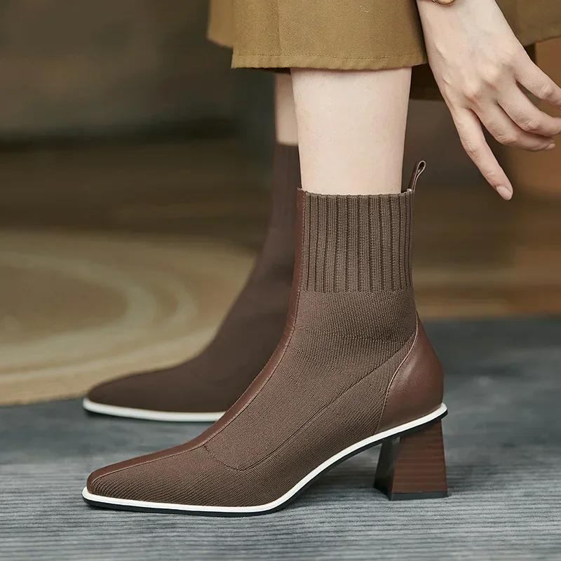 Socks Boots for Women's 2025New Square Toe Ankle Boot Fashion Woman Shoes Chunky Thick Heel British Knitted Short Boots