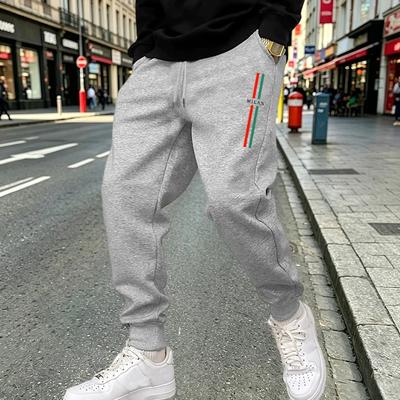 Stripe-city Men Jogger Pants Slim Dual Color Stripe with City Letter Print, Elastic Drawstring Soft Sweatpants for Modern Urban Streetwear