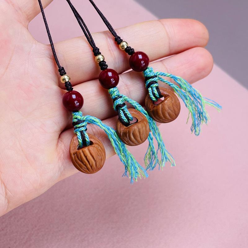 Peach Wood Phone Lanyard with Cinnabar Pendant, Hand-Woven Phone Chain & Keychain Rope