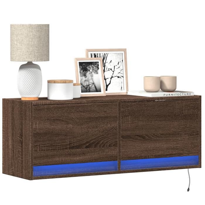 VidaXL Meuble TV mural avec lumières LED chêne marron 100x31x35 cm, meuble TV suspendu au mur, unité TV flottante, support 852368