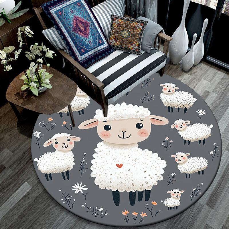 Cute Sheep Round Area Rug,Carpet Rug for Living Room Bedroom Sofa Playroom Decor,Non-slip Floor Mat