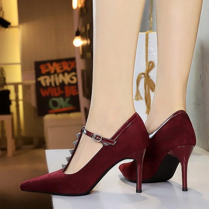 Fashion New Banquet Fashion Silver Rivet T-String High Heels for Women with Shallow Mouth Slim Heels Women's Shoes Super High Heels