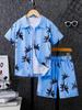 Men's Blue Ocean Palm Tree Print Short Shirt and Shorts Set, Hawaiian Beach Vacation Style Shirt Set