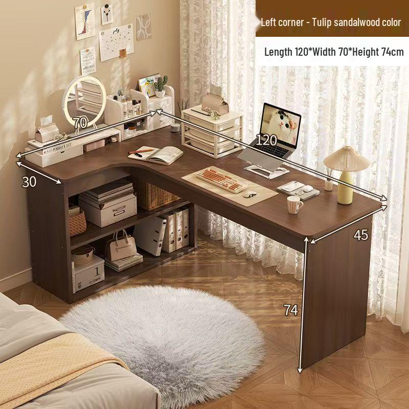 Compact Corner Computer Desk with Integrated Bookshelf & Vanity for Bedroom or Home Office
