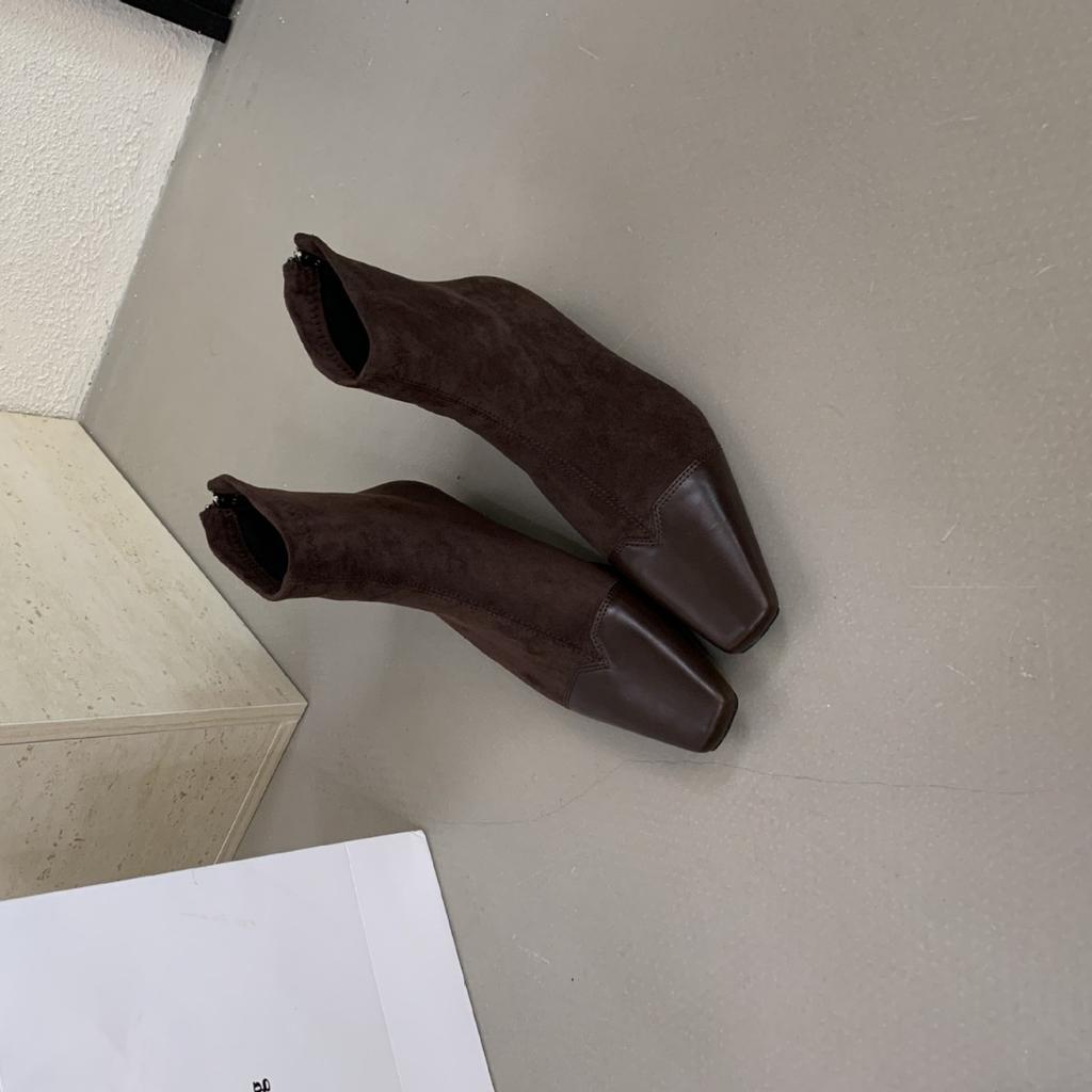 2025 New Square Head Rear Zipper Low Tube Thin Short Slope Heel Low Tube Martin Women's Short Boots