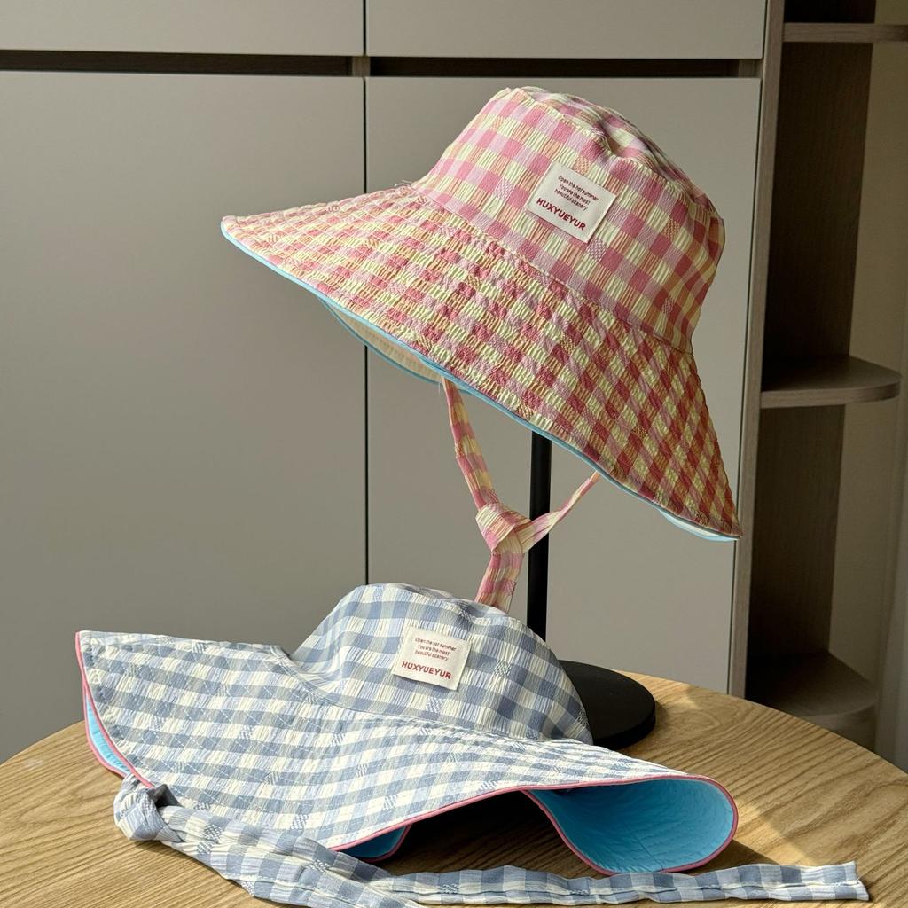 Wide-brimmed Double-sided Sun Protection Hat for Women, Spring and Summer Plaid Versatile Casual Fisherman Hat, Outdoor Travel Vacation Sun Hat