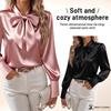 Women's Satin Blouse Long Sleeve Bow Tie Neck Elegant Office Shirt Dressy Top