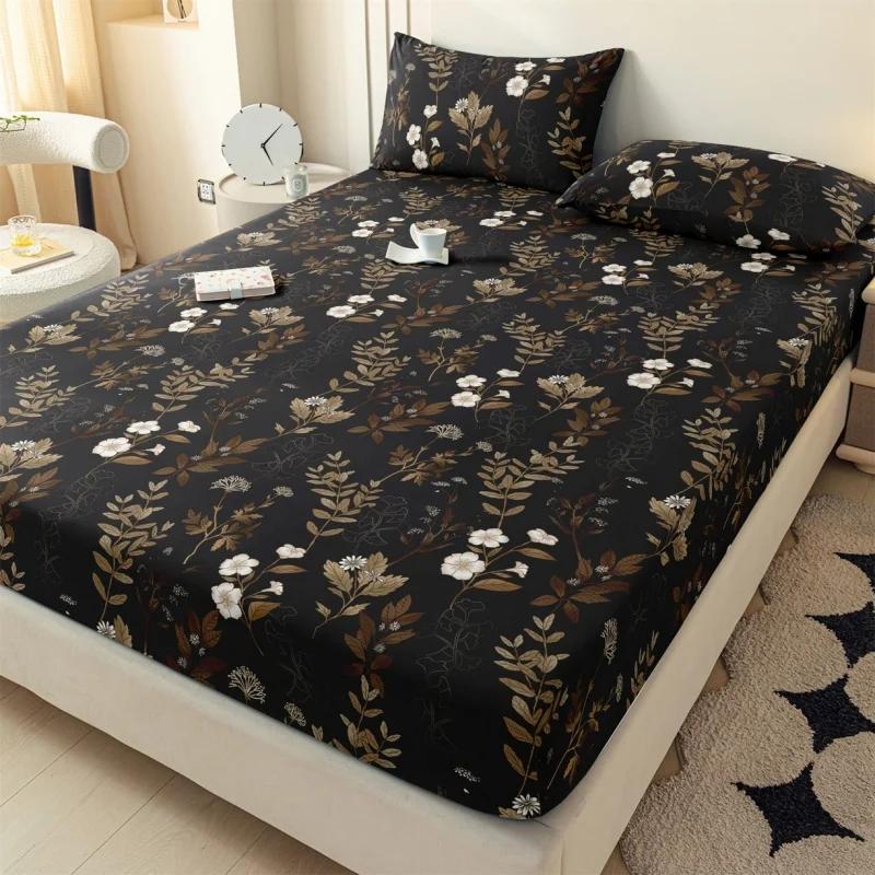 1pc Brushed Floral Print Polyester Fitted Sheet With Elastic Bands Non-Slip Mattress Cover for Single Double King Bed 153*203cm