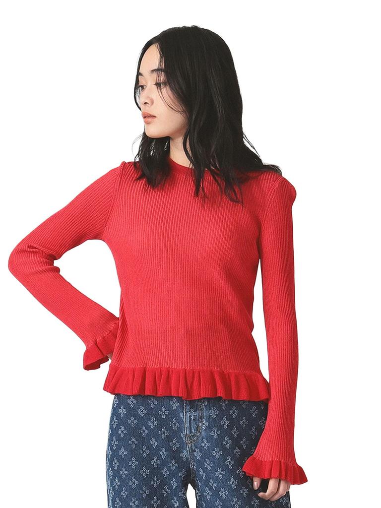Ray Beams RIB Frill Hem Long Sleeve Knit Size Women's Sweater, Red/Free