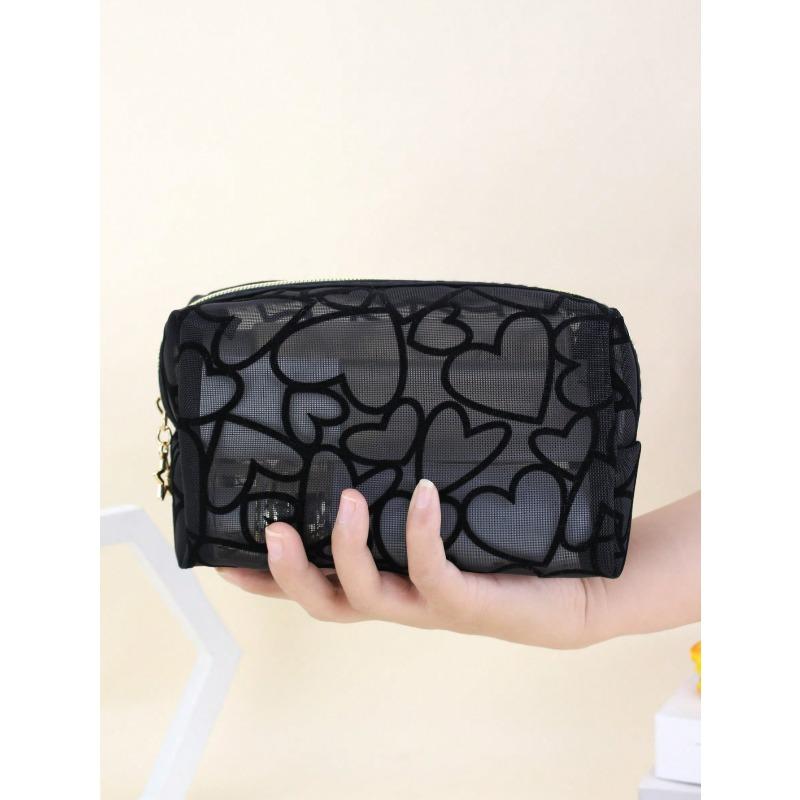 1pc Women Makeup Bag, Mesh Heart Flocked Decor, Fashionable & Minimalist Mesh Heart Design For Daily Use & Travel Makeup Travel Toiletry Organizer
