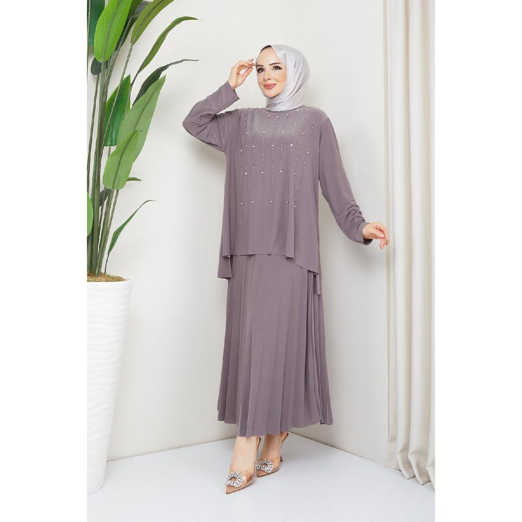Women's Black Sandy Front Stone Embroidered Blouse Skirt Pleated Double Hijab Skirt Set
