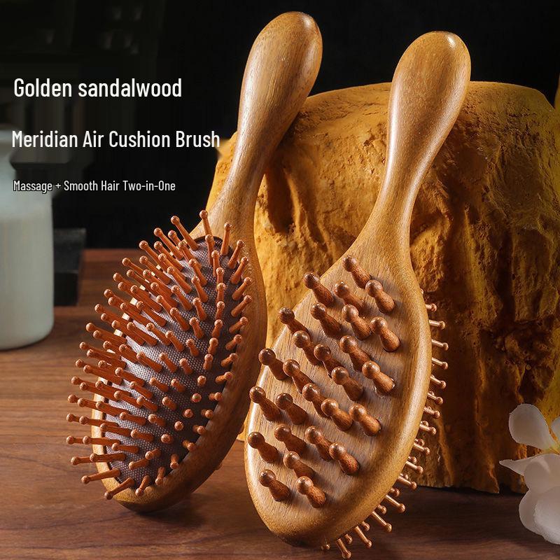 Multifunctional Green Sandalwood Cushion Brush: Double-Sided Massage Head, Airbag Design, Engraved Meridians Comb