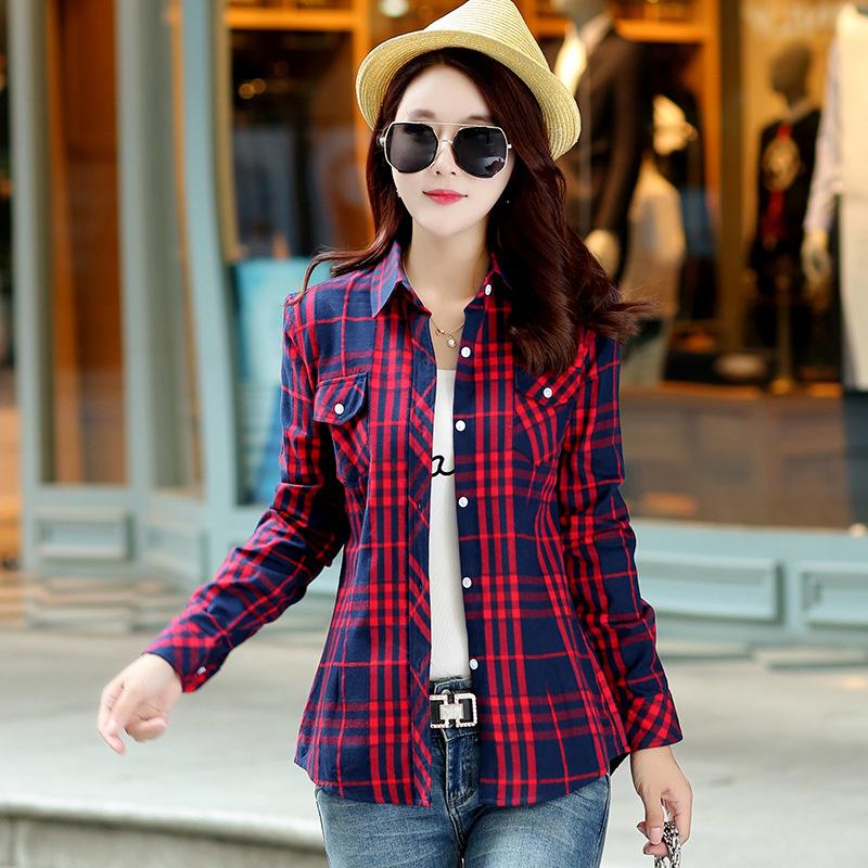 New Cotton Women's Shirts Grid Plus Size M-5XL Blouse Shirt Casual Long Sleeve Checkered Shirt  Turn-down Collar Streetwear