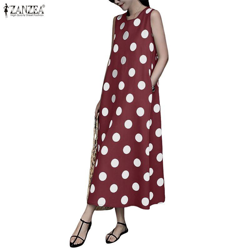 ZANZEA Women Casual Round Neck Polka Dot Print Loose Sleeveless Dress
