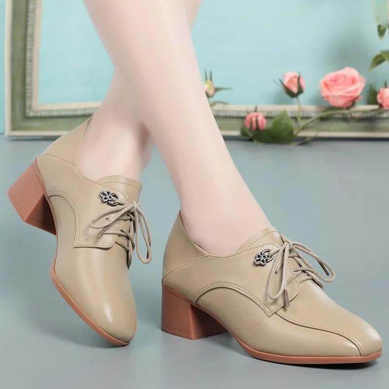 Single Shoes Women's Spring and Autumn Leather Shoes Thick-heeled Lazy Shoes