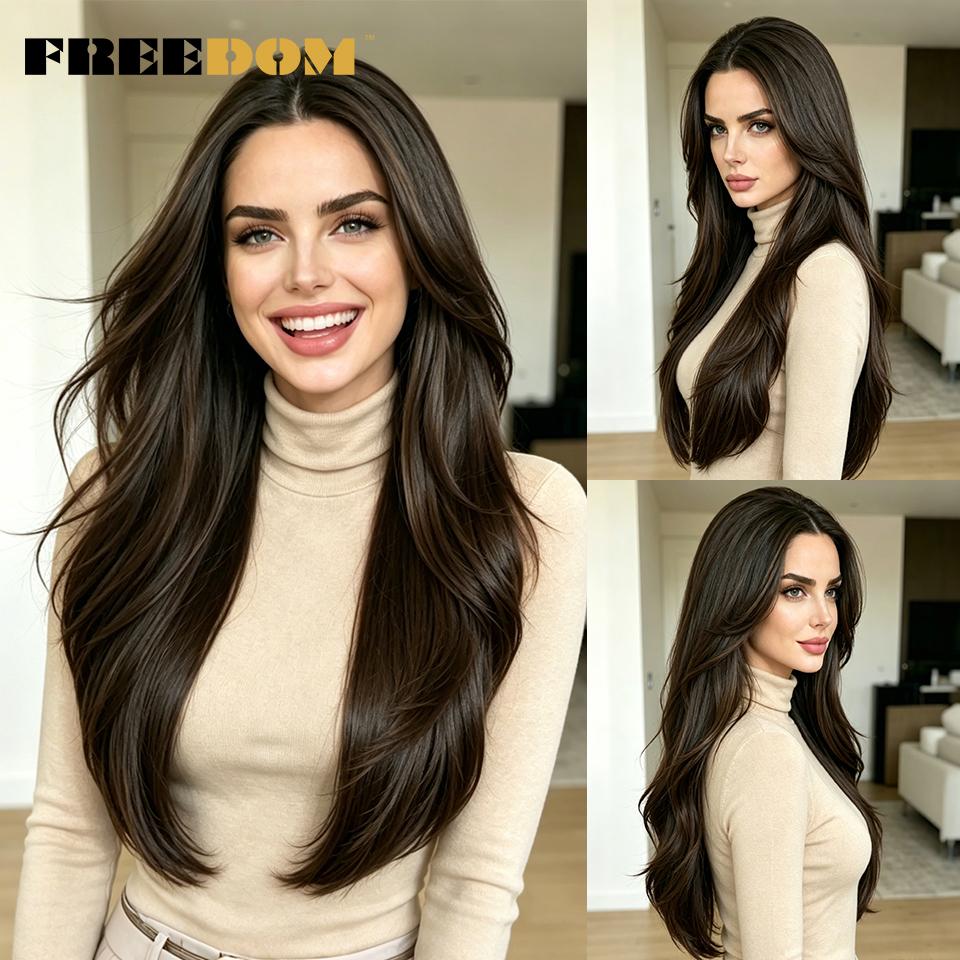 FREEDOM Synthetic Lace Front Wigs For Women 26 inch Straight Layered Wig With Bangs Ombre Brown Blonde Highlight Daily Party Wig