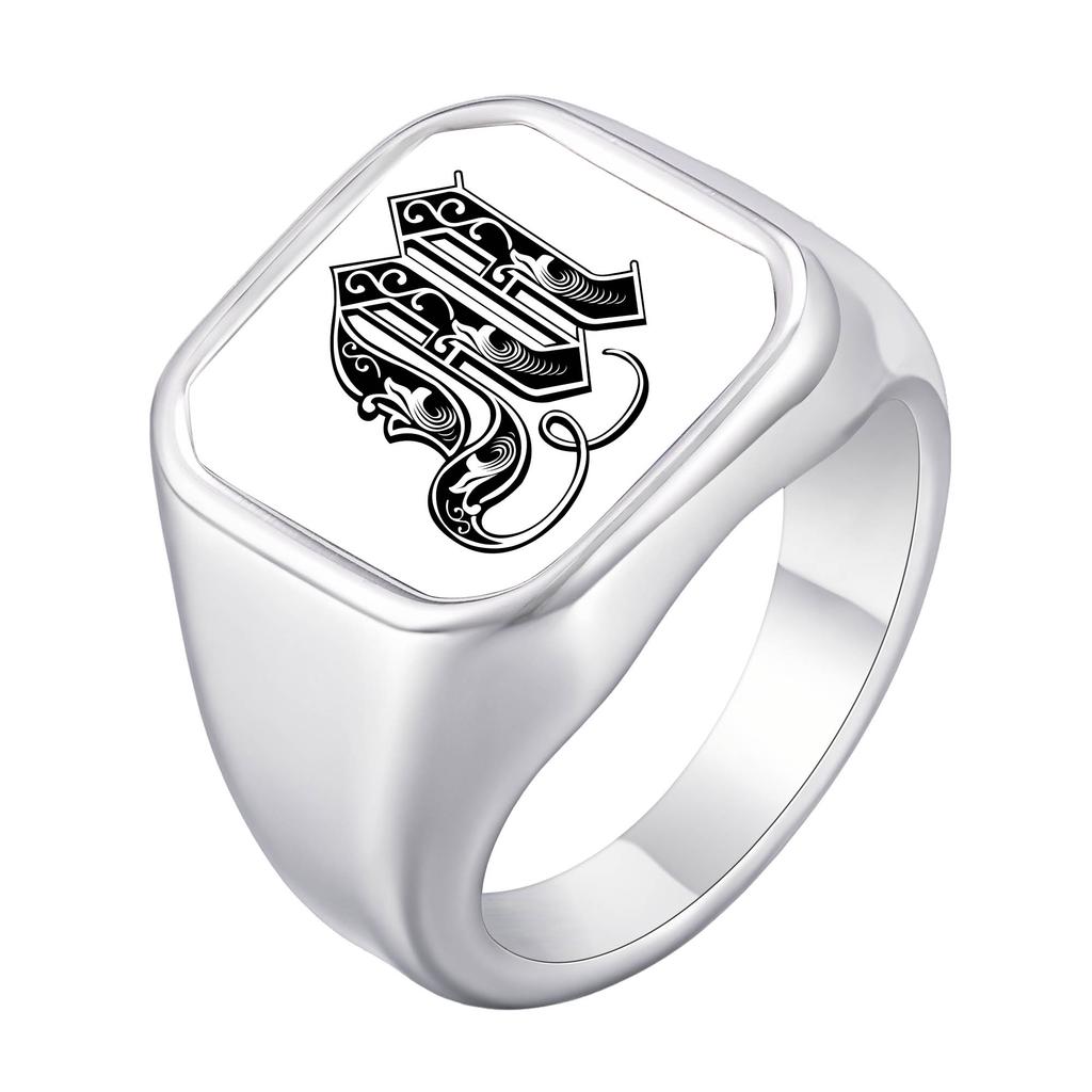 Engrave Custom A-Z Initial Picture Rings for Men, Stainless Steel Male Signet Ring, High Polished Finger Jewelry Gift Father Day