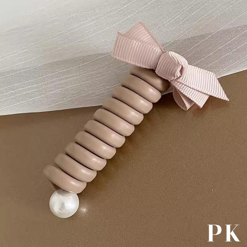 Bowknot Braided Telephone Wire Hair Bands,Spiral Hair Ties Phone Cord With Pearl,Waterproof High Elastic Rubber Hair Band
