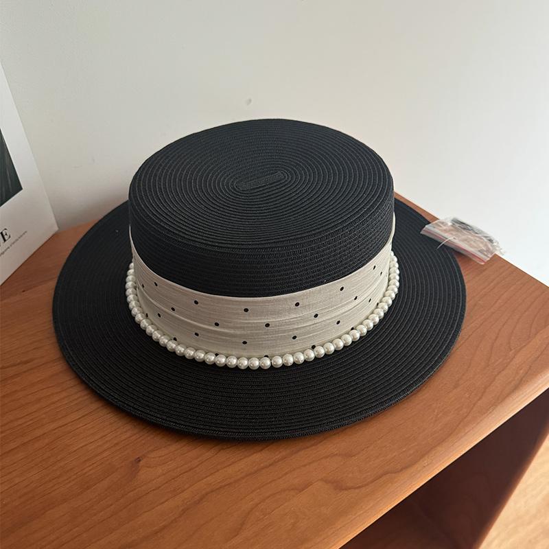 

Женская летняя шляпа-канотье с плоским верхом в горошек для отдыха на море, пасторальная литературная и ретро шляпа-цилиндр Adult Adjustable