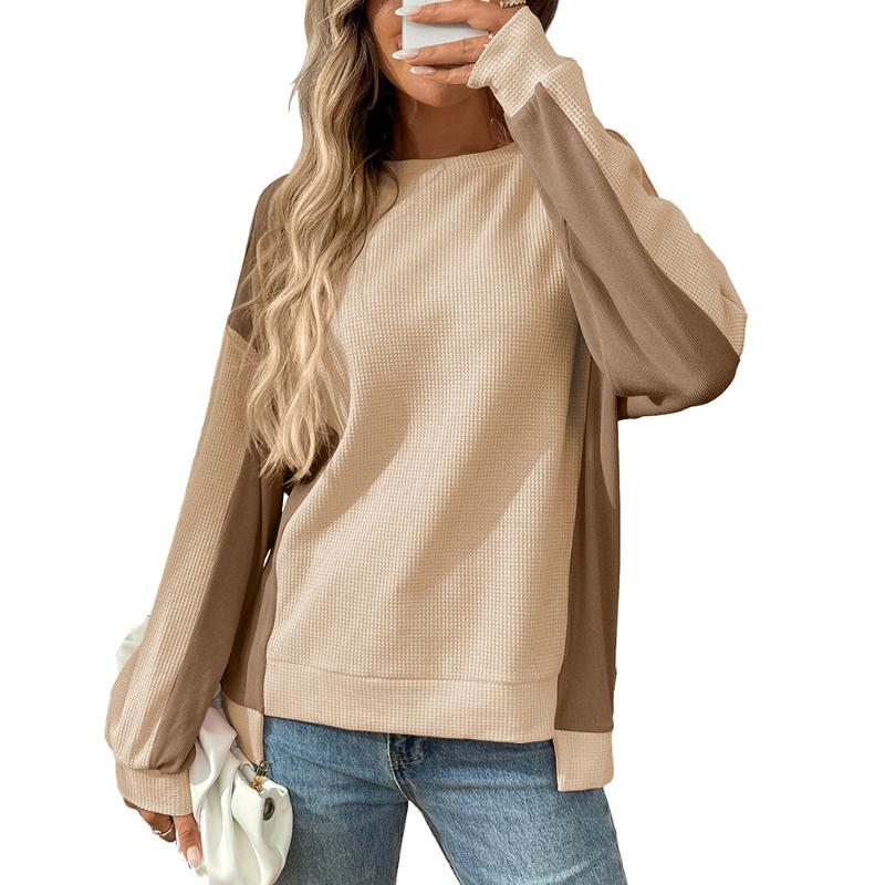 2025 Autumn New Round Neck Casual Loose Contrast Long-sleeved Waffle Top