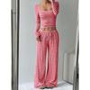 Women's Loose Fit Two Piece Outfit Set Long Sleeve Square Neck Crop Top Drawstring Waist Wide Leg Striped Tracksuit Loungewear